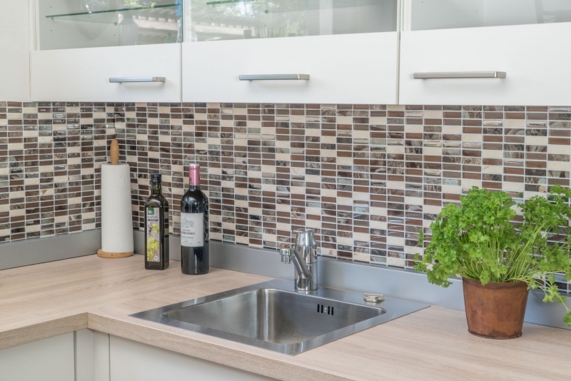 Rectángulo azulejos de mosaico de vidrio de mosaico de vidrio barras de color marrón plata beige piedra natural azulejo de mármol backsplash pared baño cocina - MOS87-SM78