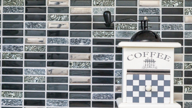Mosaico rectangular azulejos de mosaico de vidrio barras plata gris negro antracita piedra natural cocina splashback cuarto de baño WC - MOS87-SM88