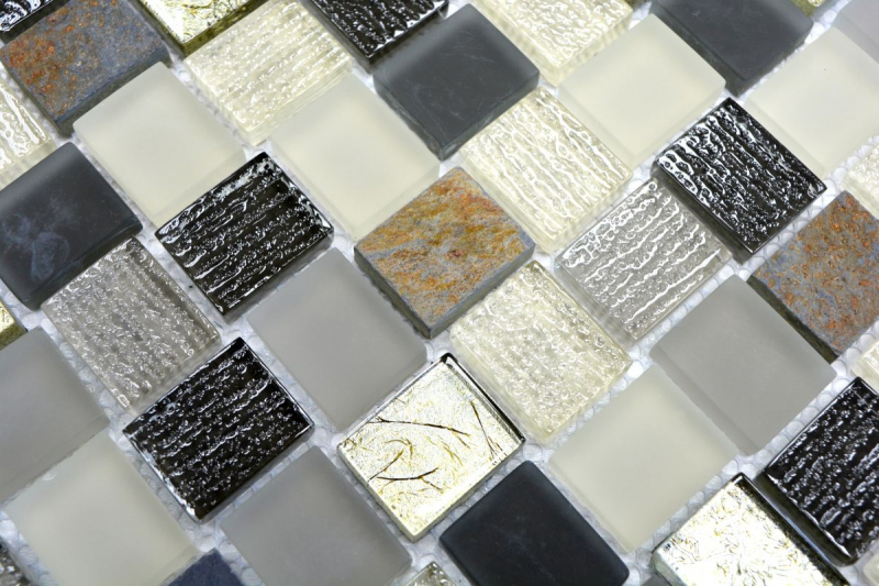 Muestra de mano mosaico azulejo azulejo backsplash translúcido blanco gris óxido rectángulo vidrio mosaico cristal piedra rústico MOS82-0102_m