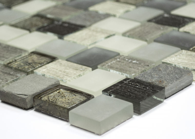 Muestra de mano mosaico azulejo azulejo backsplash translúcido blanco gris óxido rectángulo vidrio mosaico cristal piedra rústico MOS82-0102_m