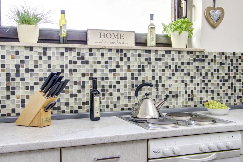 Piedra natural mosaico rústico azulejo de vidrio mosaico de cuarzo beige crema antracita vidrio esmerilado cocina splashback baño pared WC - MOS82-0102