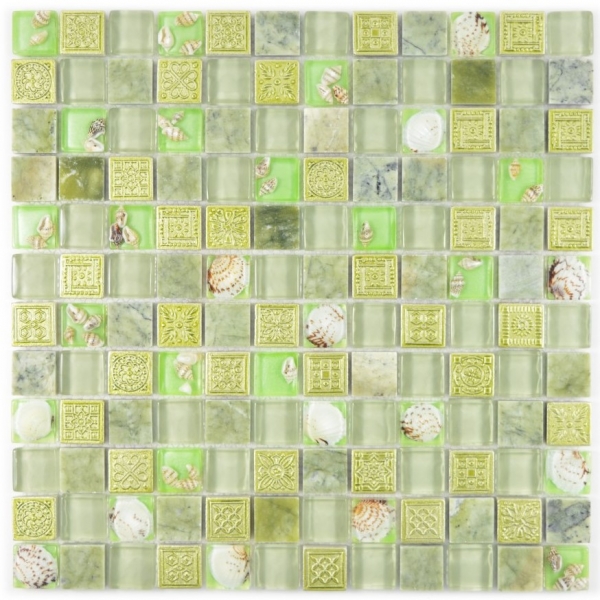 Muestra de mano mosaico azulejo verde translúcido cristal mosaico piedra concha verde MOS82C-0502_m