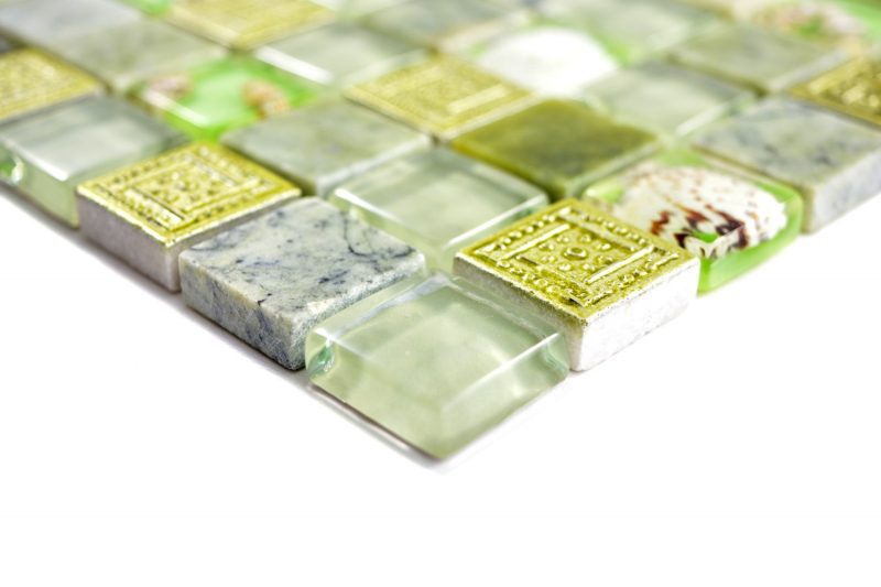 Muestra de mano mosaico azulejo verde translúcido cristal mosaico piedra concha verde MOS82C-0502_m