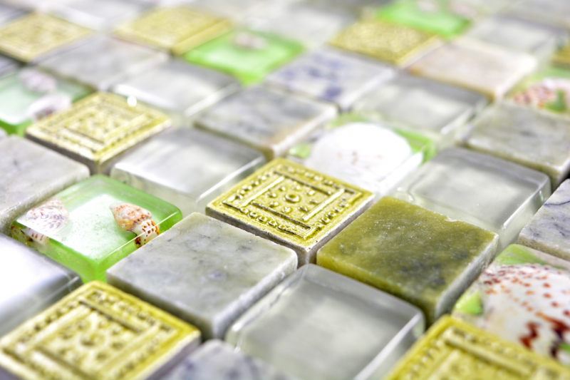 Muestra de mano mosaico azulejo verde translúcido cristal mosaico piedra concha verde MOS82C-0502_m
