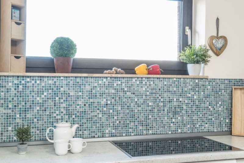Muestra de mano mosaico azulejo Azulejo backsplash Translúcido verde azul Mosaico de vidrio Piedra de cristal Crema verde azul MOS92-XCR1501_m