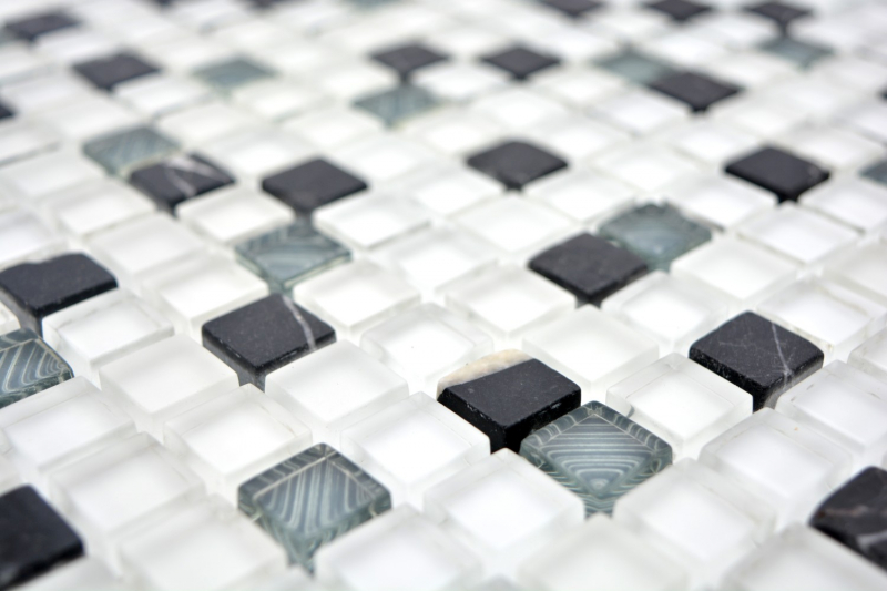 Muestra de mano mosaico azulejo translúcido blanco gris cristal mosaico piedra super blanco mate negro MOS92-0103_m