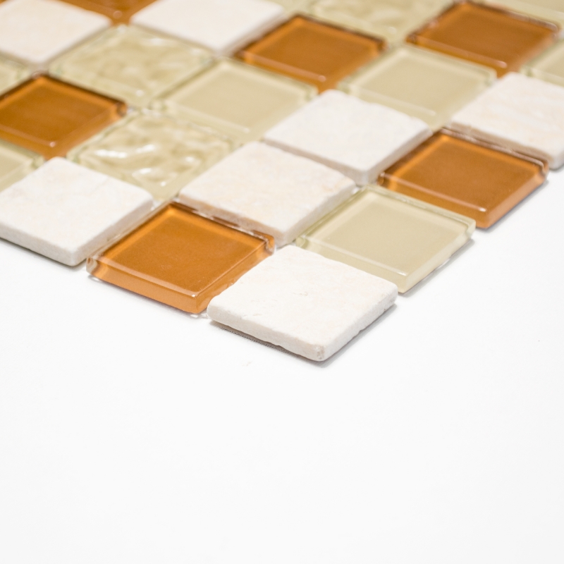 Mosaico de vidrio piedra natural mármol mosaico azulejos rústico beige ocre crema marrón dorado salpicaduras azulejo backsplash cocina - MOS62-1204-GN