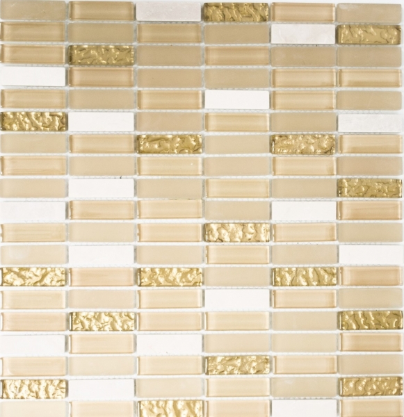 Muestra de mano mosaico azulejo azulejo backsplash translúcido blanco oro varillas vidrio mosaico cristal piedra blanco mate oro MOS87-1202_m