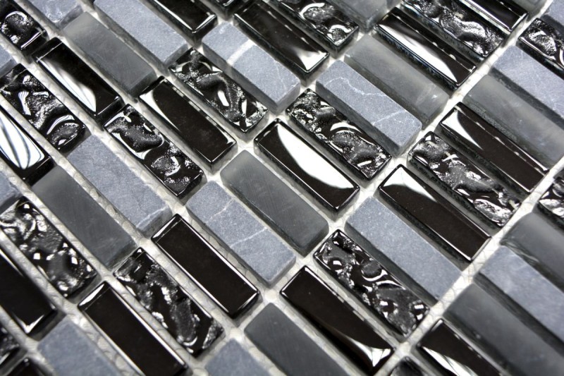 Rectangular azulejos de mosaico de vidrio varillas de mosaico mini gris negro antracita estructura de piedra natural azulejo backsplash cocina WC - MOS87-1403