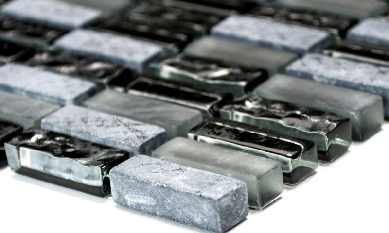Muestra de mano mosaico azulejo azulejo backsplash gris translúcido varillas mosaico de vidrio Crystal piedra gris mate negro MOS87-1403_m