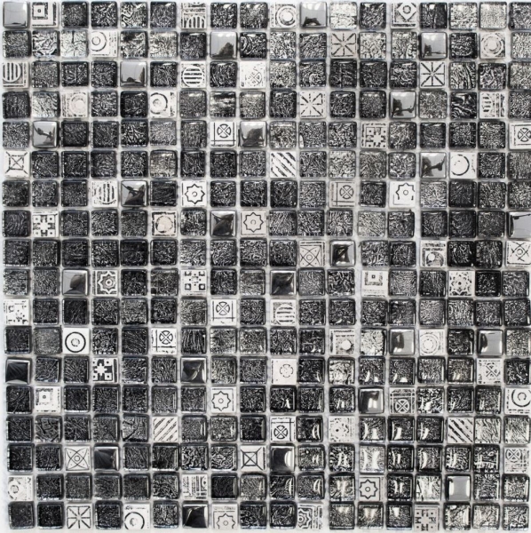 Muestra de mano mosaico azulejo espejo translúcido blanco plata negro vidrio mosaico Cristal piedra blanco plata negro estructura MOS92-Z02EU_m