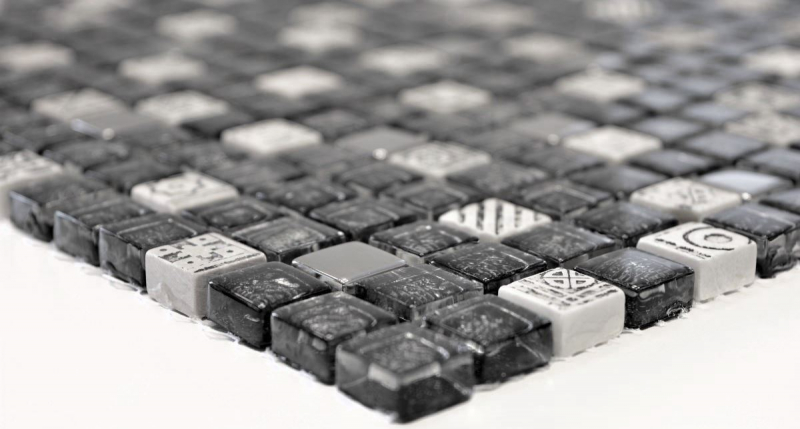 Muestra de mano mosaico azulejo espejo translúcido blanco plata negro vidrio mosaico Cristal piedra blanco plata negro estructura MOS92-Z02EU_m