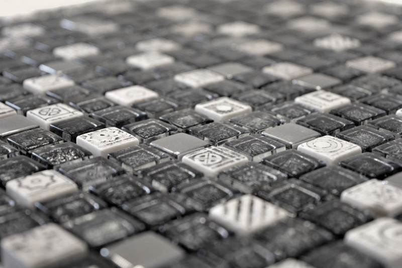 Muestra de mano mosaico azulejo espejo translúcido blanco plata negro vidrio mosaico Cristal piedra blanco plata negro estructura MOS92-Z02EU_m