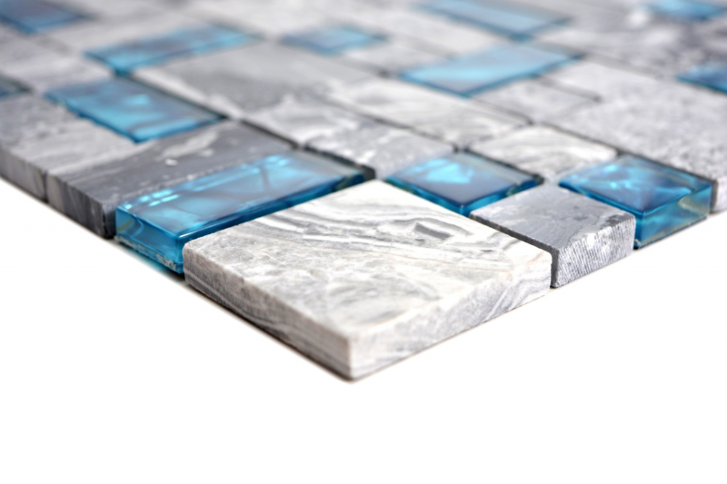 Muestra de mano mosaico azulejo azulejo backsplash gris translúcido combinación vidrio mosaico Crystal piedra gris azul MOS88-0404_m