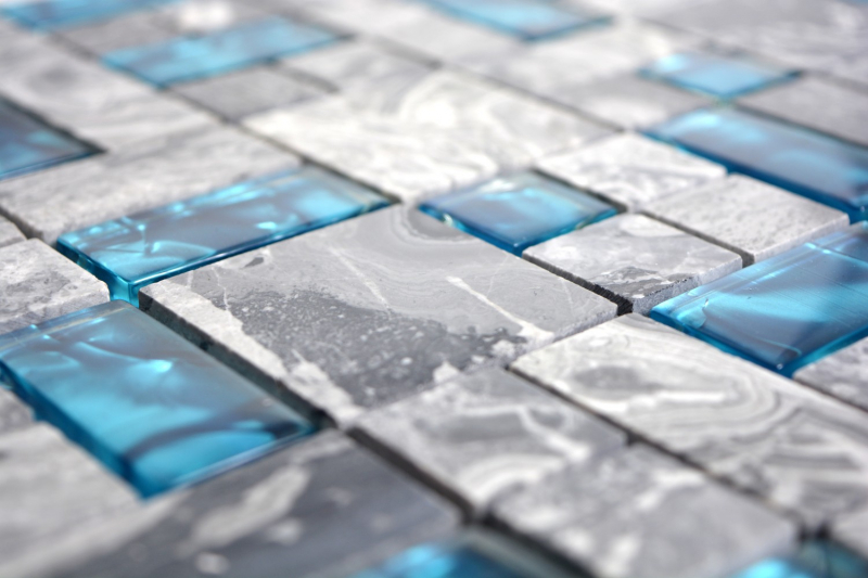 Muestra de mano mosaico azulejo azulejo backsplash gris translúcido combinación vidrio mosaico Crystal piedra gris azul MOS88-0404_m