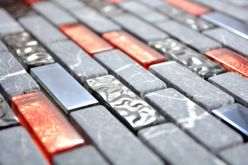 Muestra de mano mosaico azulejo translúcido gris negro compuesto mosaico de vidrio Cristal piedra gris negro rojo MOS87-0429_m