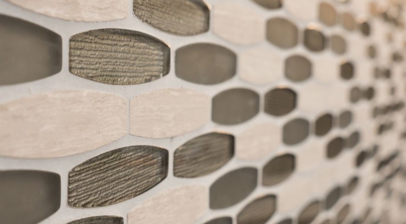 Piedra natural de mosaico de vidrio de mármol azulejos de mosaico oval en forma de barco de color gris claro beige claro marrón azulejo backsplash pared de la cocina - MOS85-BM59