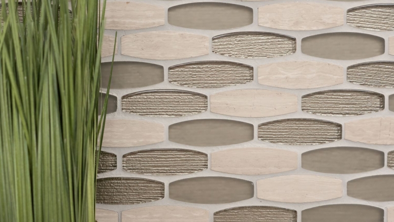 Piedra natural de mosaico de vidrio de mármol azulejos de mosaico oval en forma de barco de color gris claro beige claro marrón azulejo backsplash pared de la cocina - MOS85-BM59