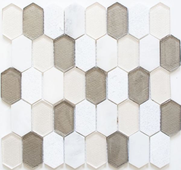 Muestra de mano mosaico azulejo Beige translúcido Mosaico de vidrio hexagonal Piedra de cristal blanco beige gris MOS85-IN69_m