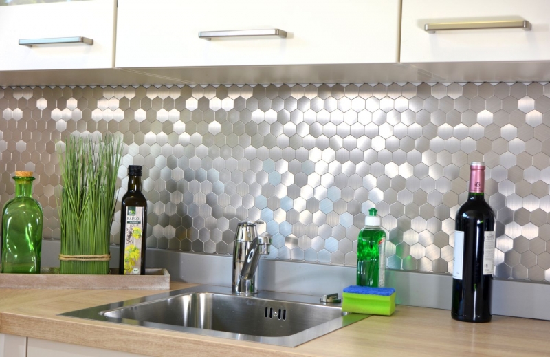 azulejo de mosaico autoadhesivo ALU plata metal hexágono azulejo backsplash cocina splashback MOS200-22MHX