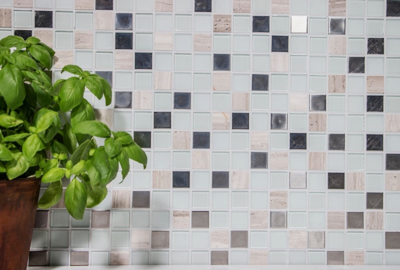 mosaico de vidrio autoadhesivo mosaico de azulejos de piedra natural de acero inoxidable crema blanco MOS200-4CM32