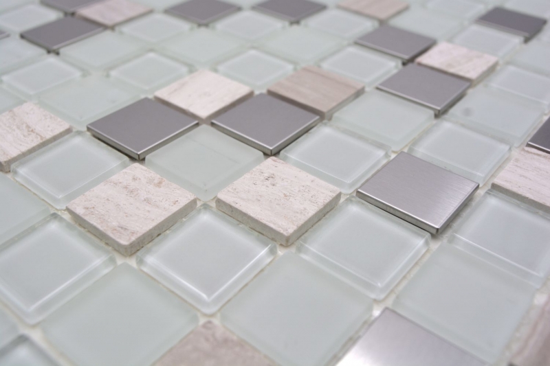 mosaico de vidrio autoadhesivo mosaico de azulejos de piedra natural de acero inoxidable crema blanco MOS200-4CM32
