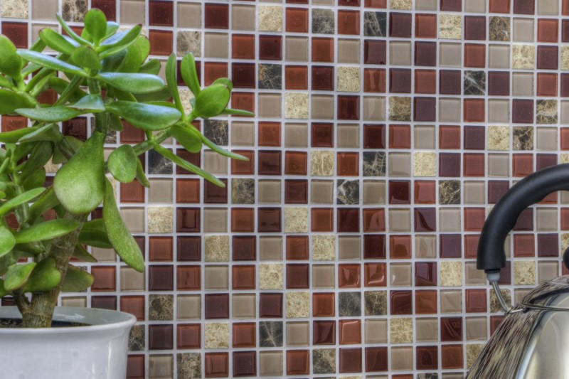 mosaico de vidrio autoadhesivo azulejo de mosaico de piedra natural rosa beige marrón emperador MOS200-4M352