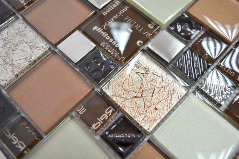 Mosaico de vidrio mosaico azulejos plata crema beige marrón pared azulejo backsplash cocina baño