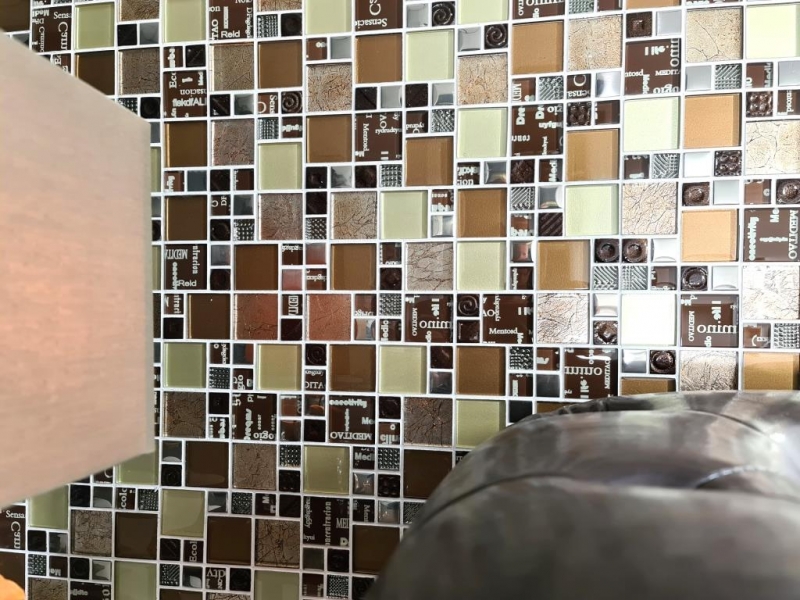 Mosaico de vidrio mosaico azulejos plata crema beige marrón pared azulejo backsplash cocina baño