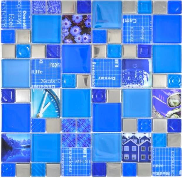 Muestra de mano transparente cristal mosaico vidrio mosaico plata azul pared azulejo backsplash cocina ducha baño MOS88-0417_m