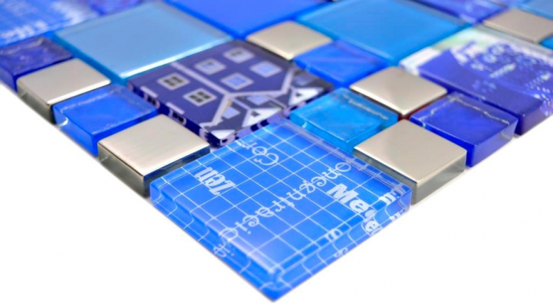 Muestra de mano transparente cristal mosaico vidrio mosaico plata azul pared azulejo backsplash cocina ducha baño MOS88-0417_m