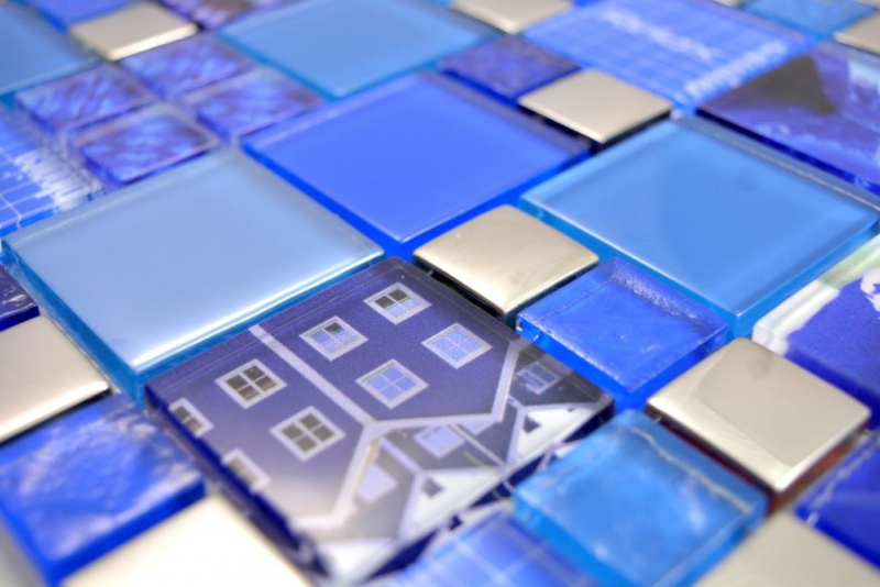 Muestra de mano transparente cristal mosaico vidrio mosaico plata azul pared azulejo backsplash cocina ducha baño MOS88-0417_m