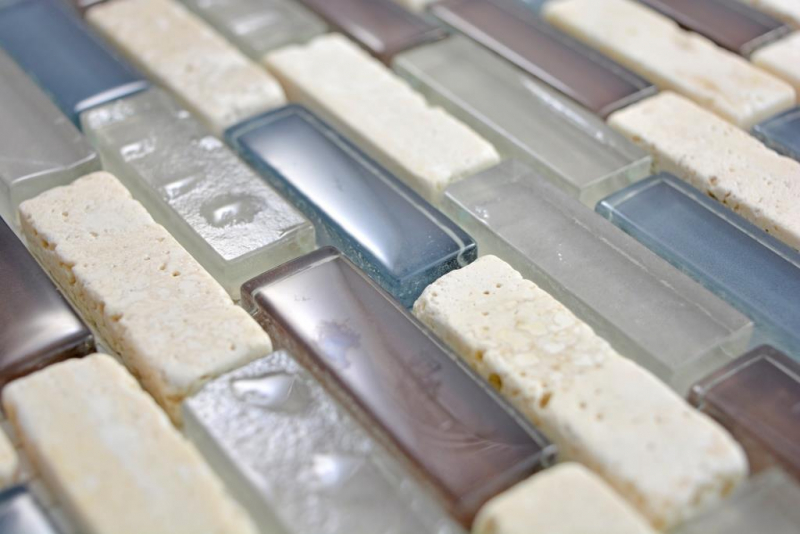 Muestra de mano mosaico translúcido compuesto vidrio mosaico piedra botticino claro gris marrón MOS88-0213 _m