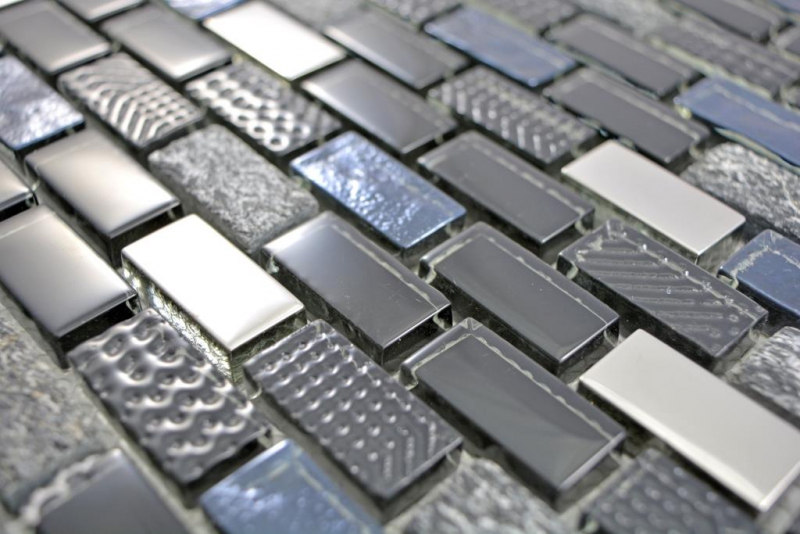 Muestra de mano mosaico de vidrio translúcido compuesto piedra negro pared azulejo backsplash cocina baño MOS87-0003_m