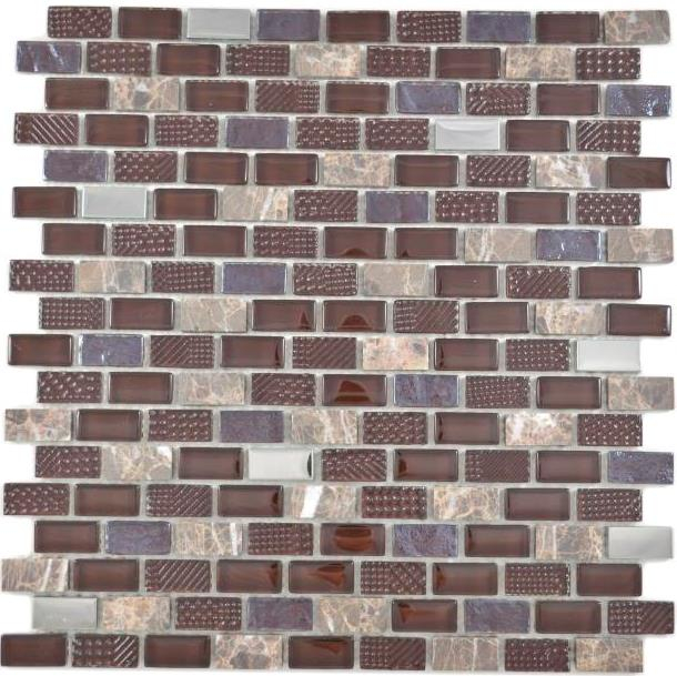 Muestra de mano mosaico de vidrio translúcido compuesto piedra acero marrón pared azulejo backsplash cocina baño MOS87-0013_m