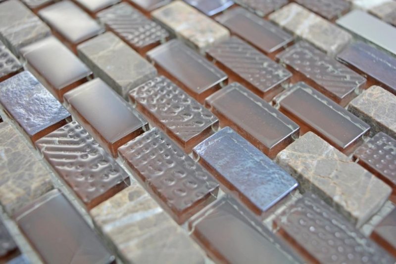 Muestra de mano mosaico de vidrio translúcido compuesto piedra acero marrón pared azulejo backsplash cocina baño MOS87-0013_m