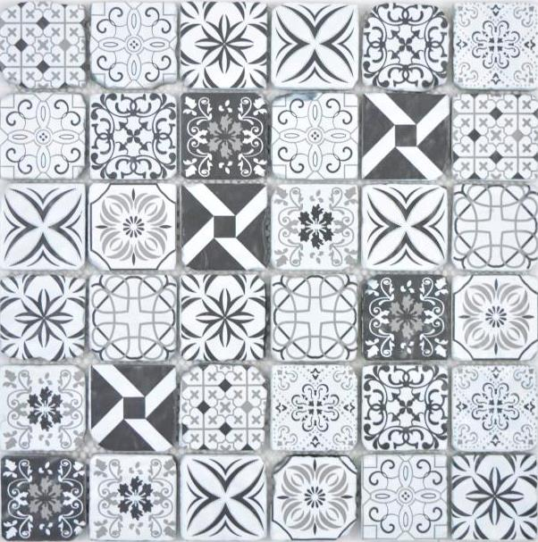 Mosaico de vidrio mosaico azulejos VINTAGE LOOK retro antracita negro blanco pared azulejo backsplash cocina cuarto de baño MOS63-0103
