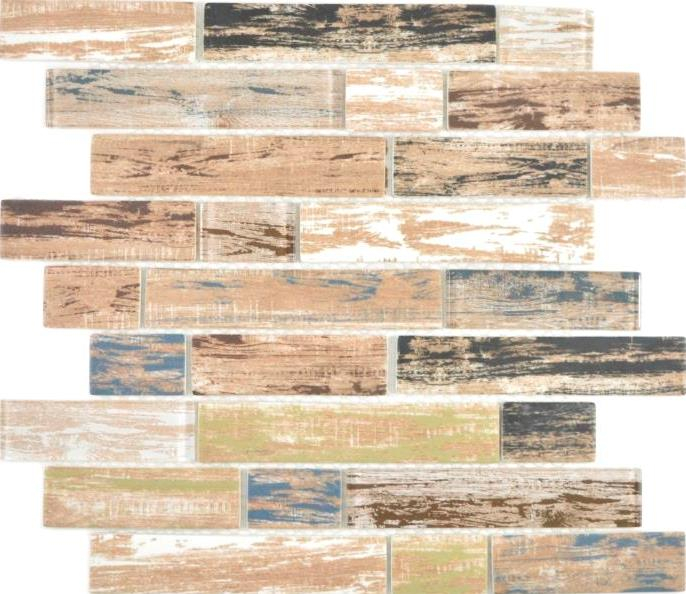 Muestra de mano ladrillo mosaico translúcido compuesto ECO mosaico de vidrio viejo madera pared azulejo backsplash cocina baño MOS24-2093_m