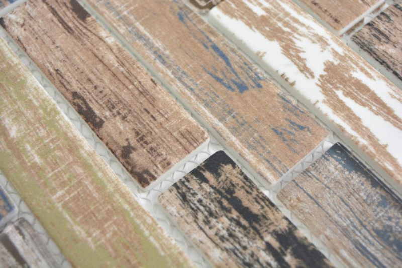 Muestra de mano ladrillo mosaico translúcido compuesto ECO mosaico de vidrio viejo madera pared azulejo backsplash cocina baño MOS24-2093_m