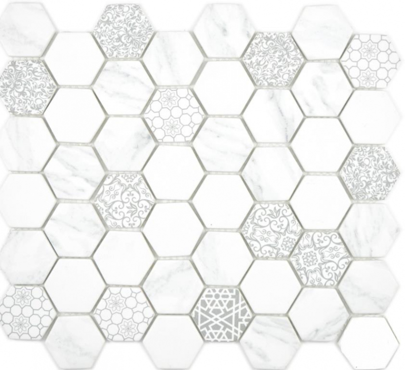 Muestra de mano GLASS mosaico hexágono ECO Carrara look mosaico azulejo pared azulejo backsplash cocina baño MOS16-0222_m