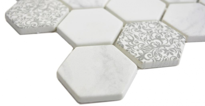 Muestra de mano GLASS mosaico hexágono ECO Carrara look mosaico azulejo pared azulejo backsplash cocina baño MOS16-0222_m
