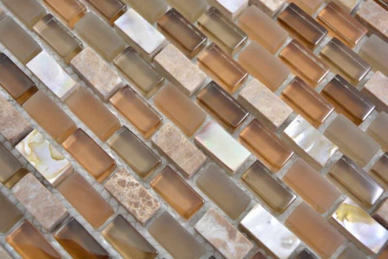 Muestra de mano mosaico de vidrio translúcido compuesto piedra concha beige mosaico azulejo pared azulejo backsplash cocina baño MOS86-0012_m