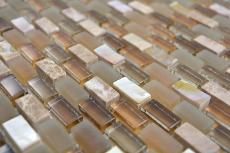 Muestra de mano mosaico de vidrio translúcido compuesto piedra concha beige mosaico azulejo pared azulejo backsplash cocina baño MOS86-0012_m