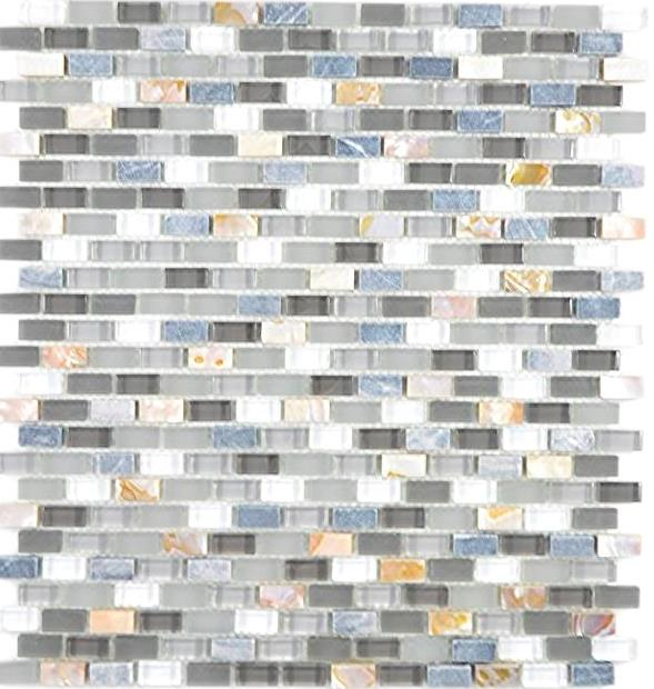 Muestra de mano mosaico de vidrio translúcido compuesto piedra concha gris mosaico azulejo pared azulejo backsplash cocina baño MOS86-0002_m