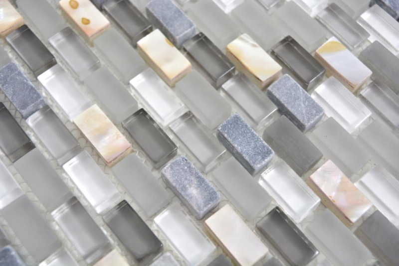 Muestra de mano mosaico de vidrio translúcido compuesto piedra concha gris mosaico azulejo pared azulejo backsplash cocina baño MOS86-0002_m