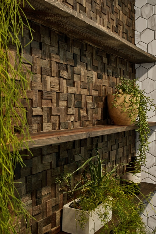 Mosaico de madera hecho de tablones de barco Revestimiento de pared de madera FSC salpicadero de cocina MOS160-25