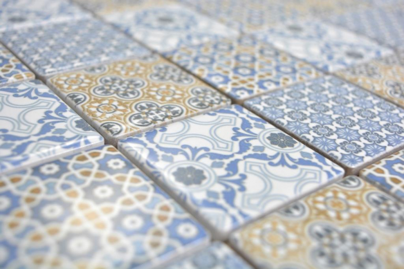 Azulejo de mosaico de cerámica retro beige amarillo azul blanco mosaico azulejo patchwork ornamento decoración vintage MOS14-1234