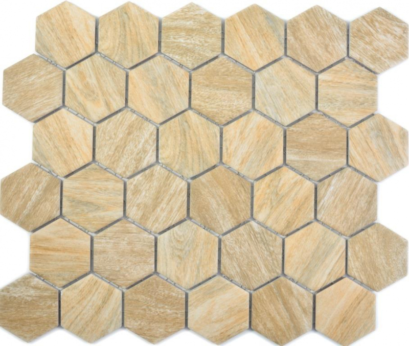 Muestra de mano cerámica mosaico hexágono beige marrón efecto madera MOS11H-0011_m