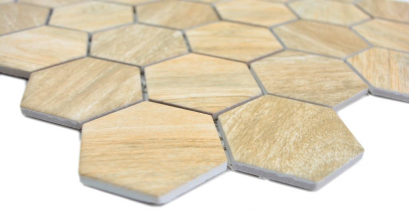 Muestra de mano cerámica mosaico hexágono beige marrón efecto madera MOS11H-0011_m