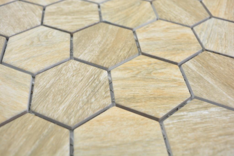 Muestra de mano cerámica mosaico hexágono beige marrón efecto madera MOS11H-0011_m